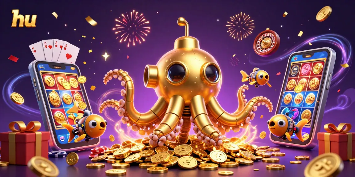 Play vibrant hu slot games with a dynamic golden kraken and thrilling casino elements.