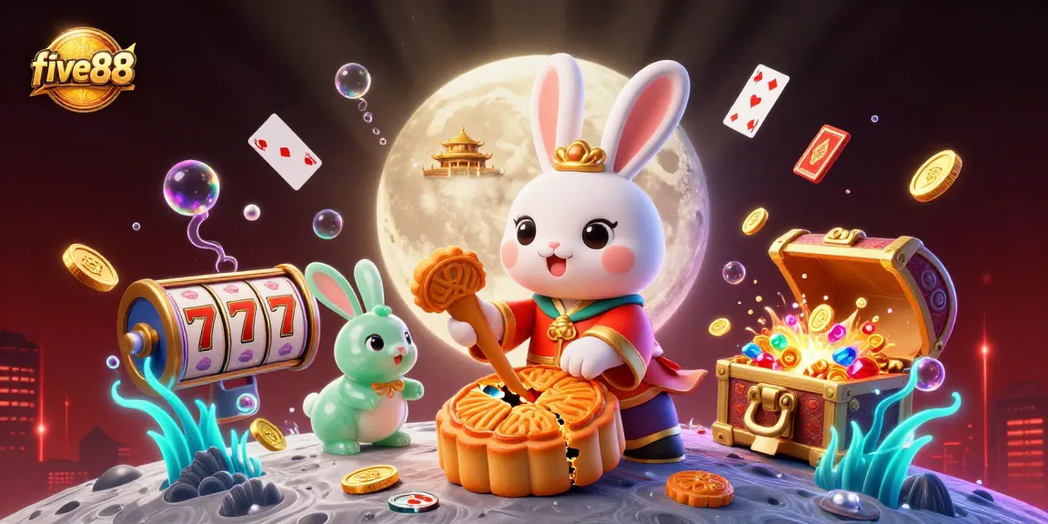Engage with five88 gaming excitement as a moon rabbit reveals poker chips in a vibrant 3D casino scene.