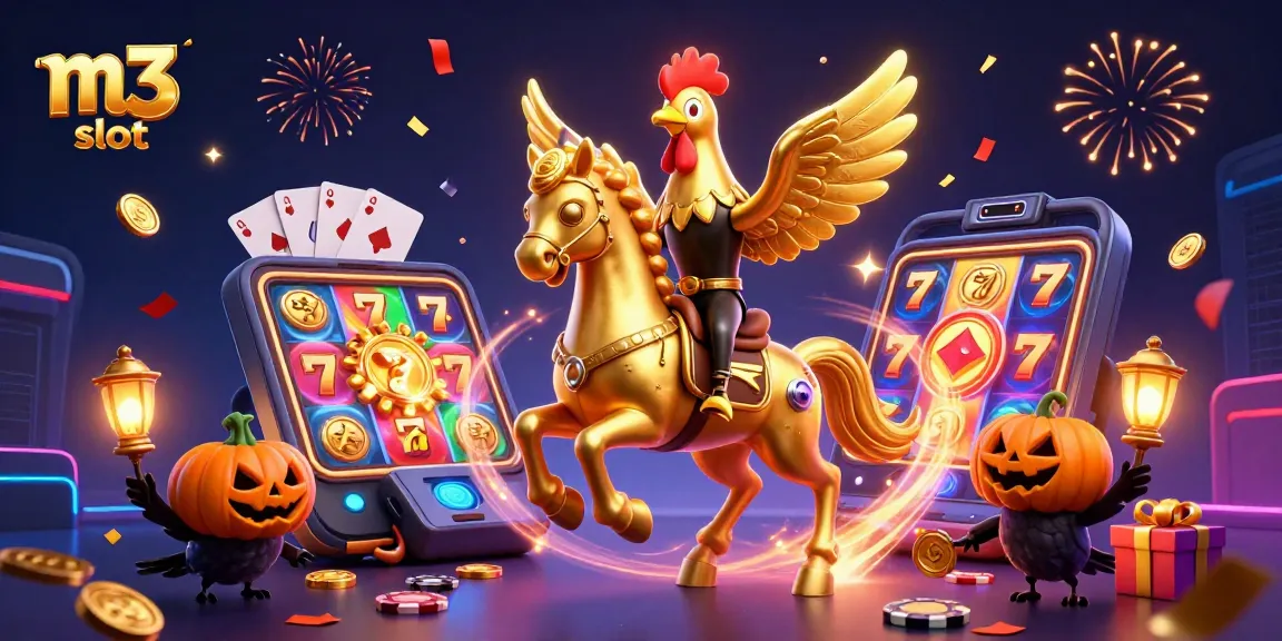 Play the thrilling m3 slot with golden rooster and festive casino atmosphere.