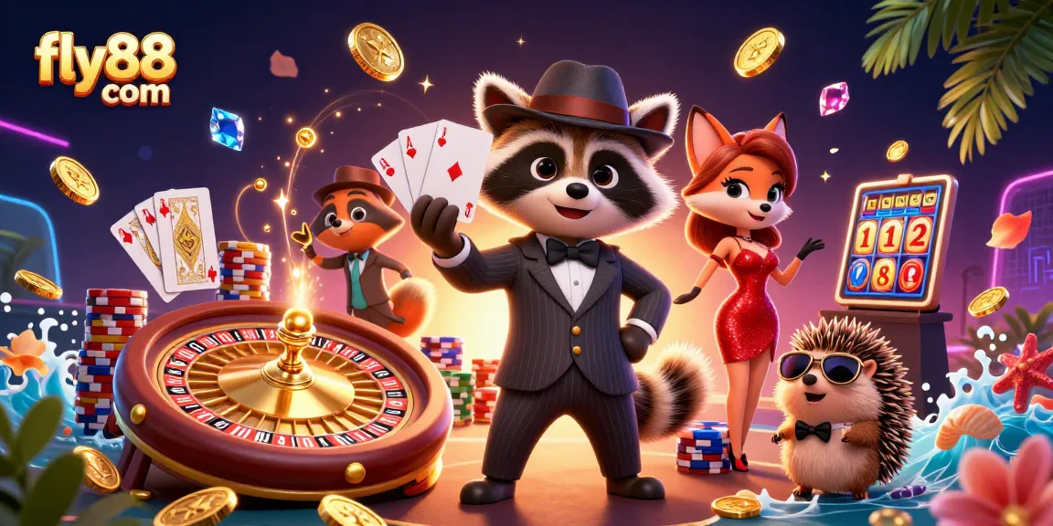 Engage in excitement at fly88 com with a charming raccoon, fox, and hedgehog in a vibrant casino scene!