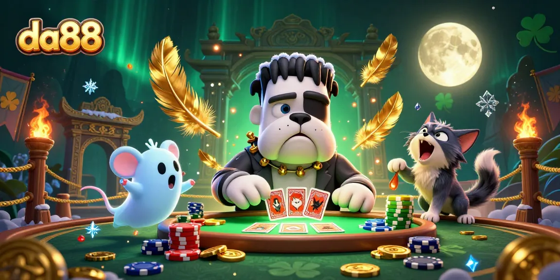 Experience the thrill of da88 as a Frankenstein bulldog deals cards in a vibrant casino scene.