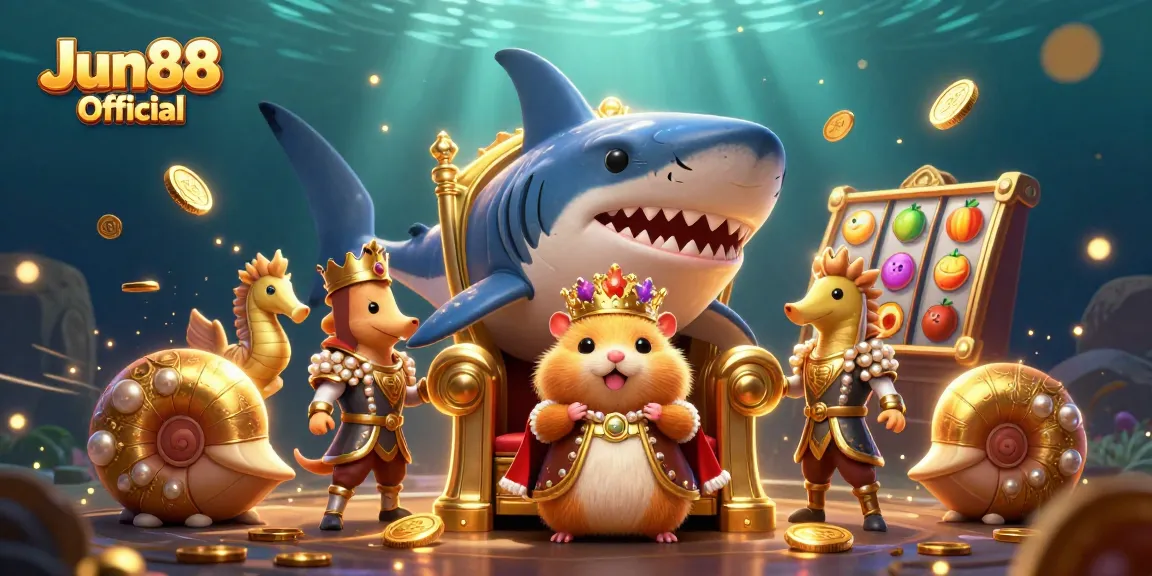 Experience the excitement of Jun88 Official with a dynamic casino-themed 3D illustration featuring a golden hamster king.