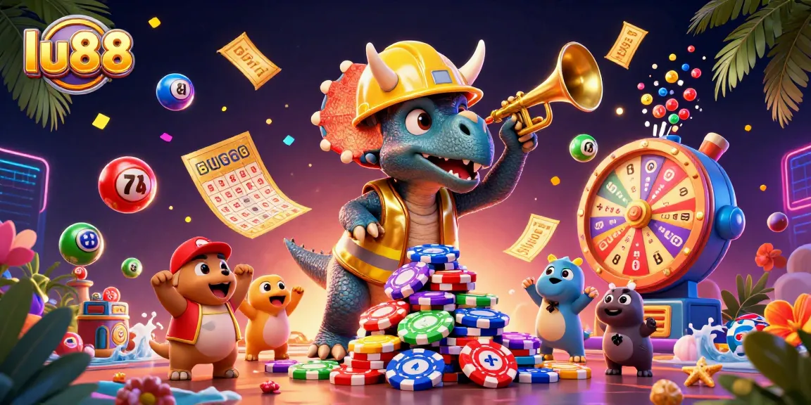 Enjoy thrilling gameplay at lu88 with a vibrant 3D scene featuring animated characters celebrating over casino chips and lottery balls.