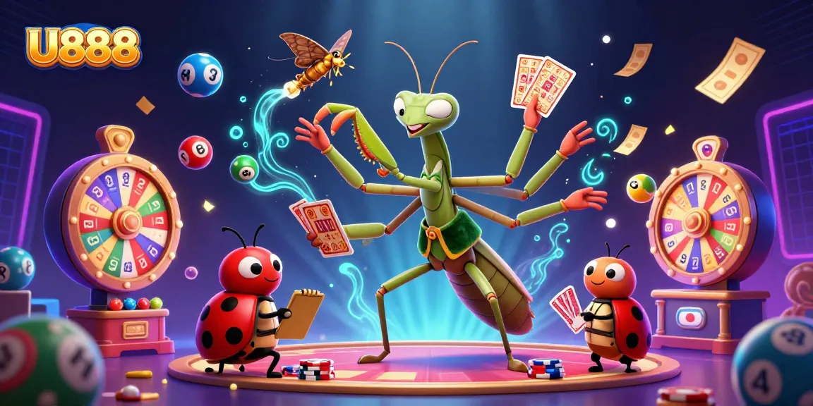 U888 showcases a vibrant casino scene where a giant praying mantis deals cards with thrilling games and interactive elements.