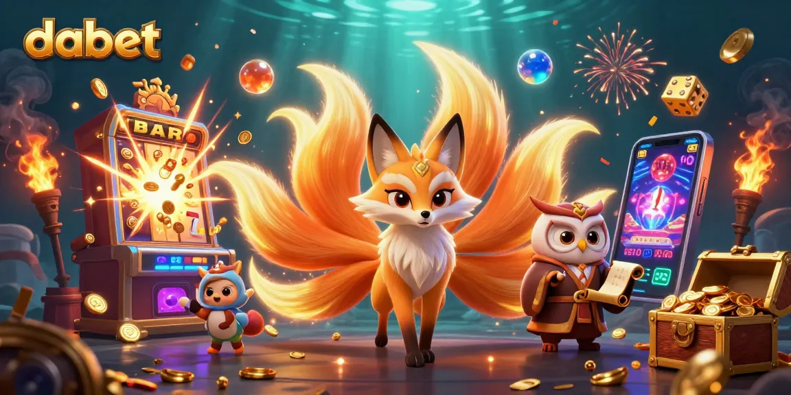 Dabet showcases a vibrant 3D illustration featuring a nine-tailed fox, an owl sage, and casino elements exploding in a jackpot of color.