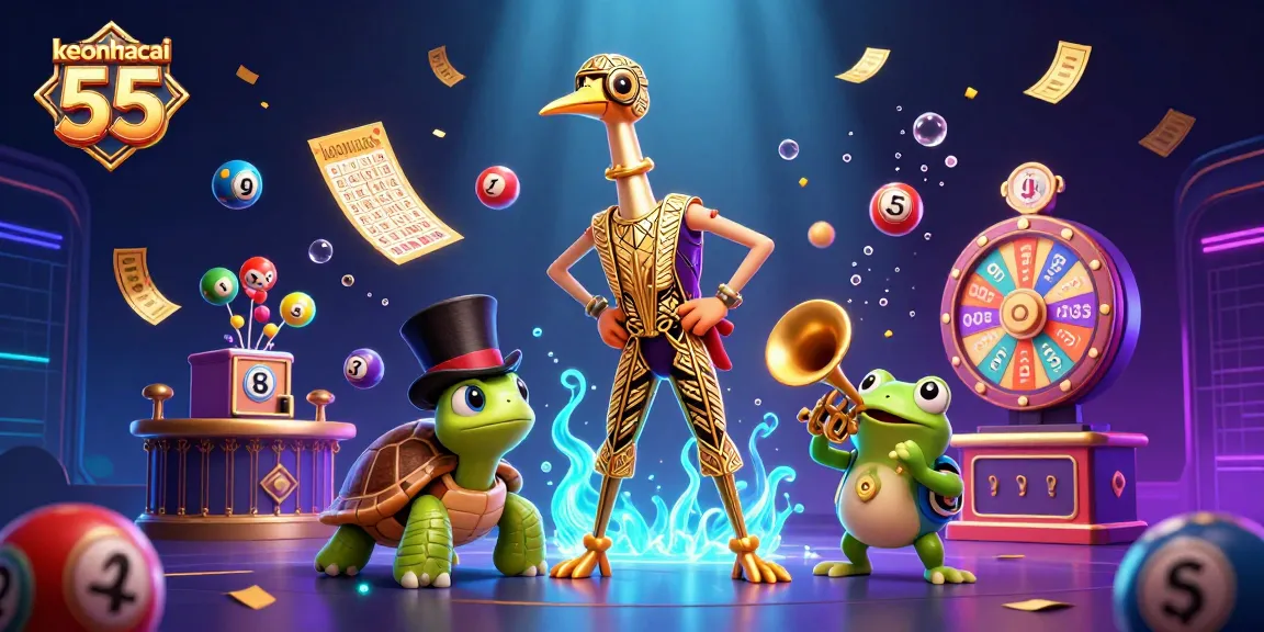 Experience the excitement of keonhacai 55 with vibrant lottery materials and engaging characters in a lively casino scene.