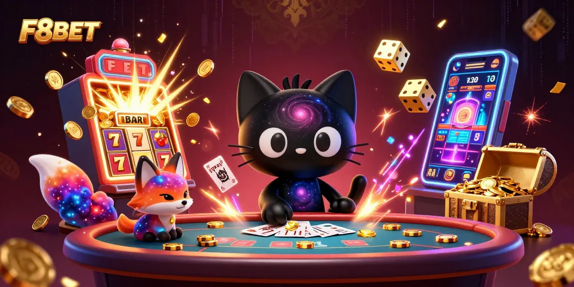 Engage with F8BET's cosmic casino, featuring a black hole cat attracting golden chips.