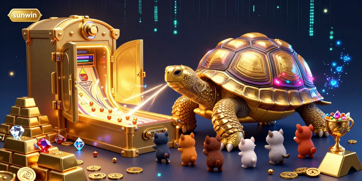 Experience the thrill of sunwin with a dazzling 3D scene featuring a playful golden tortoise game, bursting with treasures.