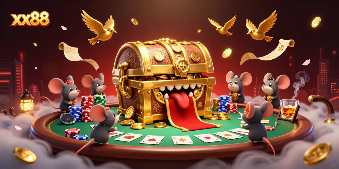 Experience the excitement of xx88 as golden treasure and poker chips create a vibrant casino atmosphere.