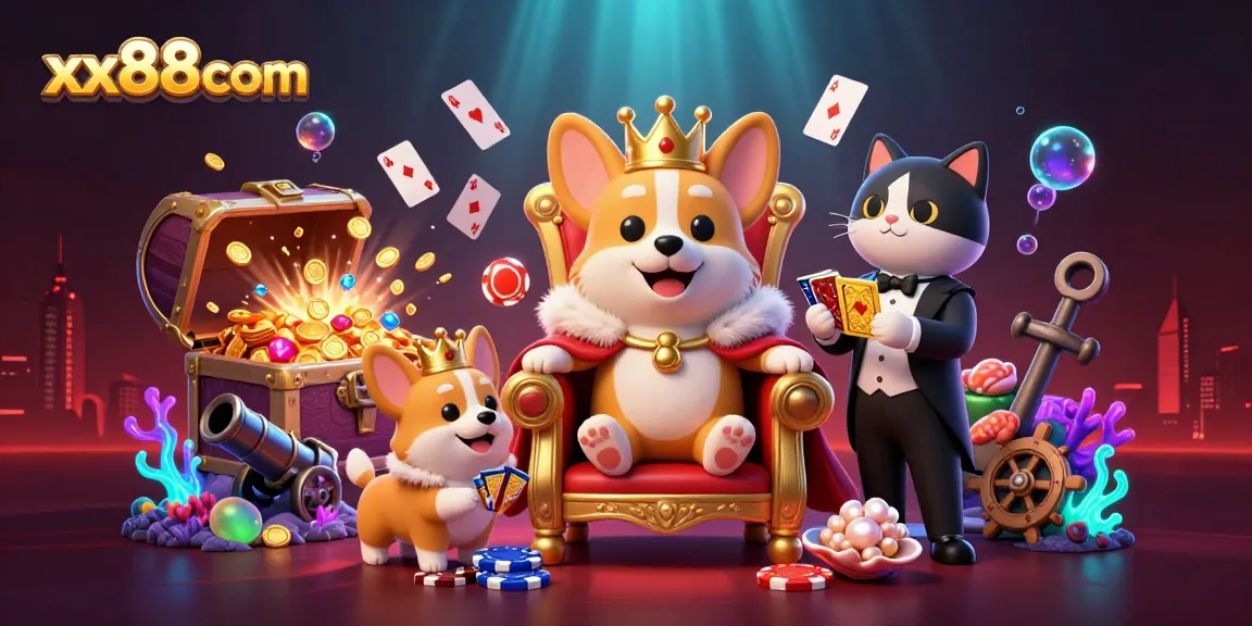 Experience gaming joy with xx88com as a royal corgi rules amidst dazzling treasures and cards.