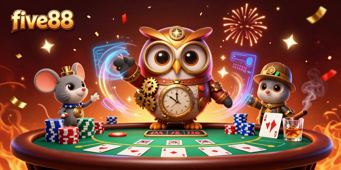 Join the excitement at five88 with our vibrant casino scene featuring an owl and clockwork mouse.