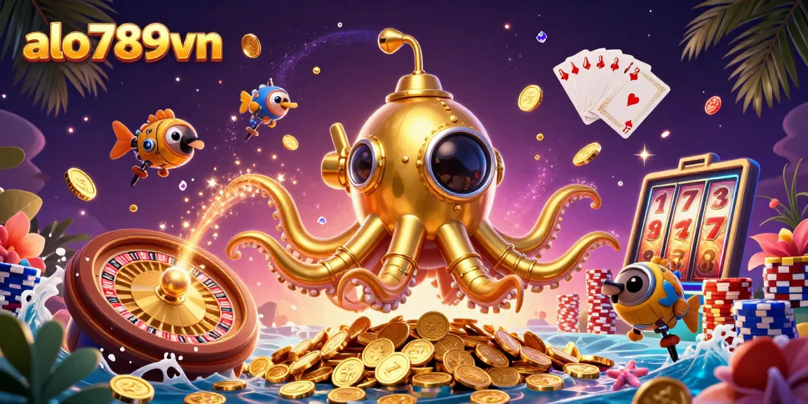 View the thrilling action at alo789vn with a golden kraken submarine amidst cascading coins and excited gamblers.
