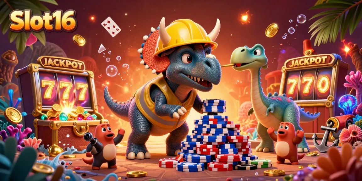 Engage in dynamic Slot16 gameplay with a vibrant scene of characters celebrating amidst jackpot reels and casino treasures.