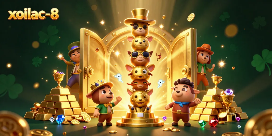 Xoilac-8 showcases a vibrant slot gaming scene with golden treasures and whimsical characters.