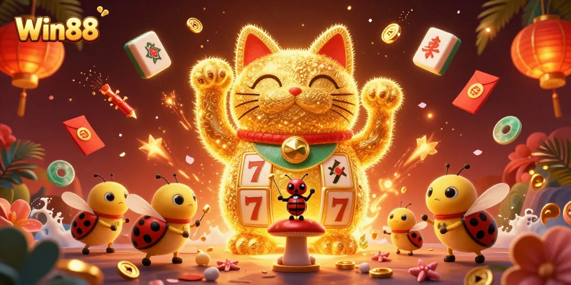 Win88 showcases a lucky cat made of golden fireflies, symbolizing prosperity in a vibrant casino scene.