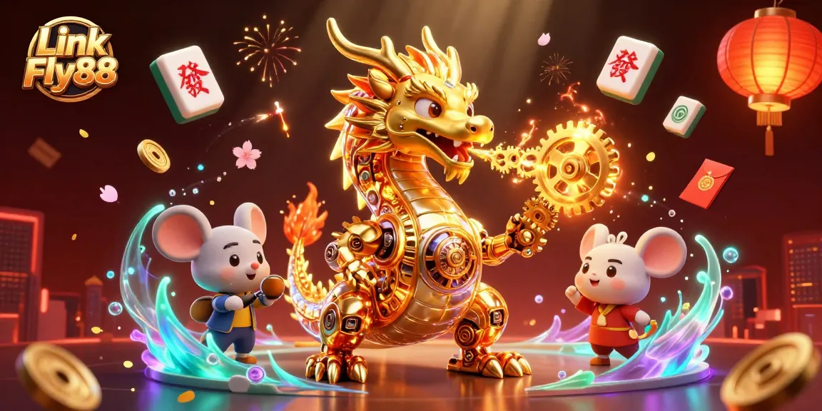 Link Fly88 showcases a dynamic 3D illustration with a golden dragon and engaging casino elements.