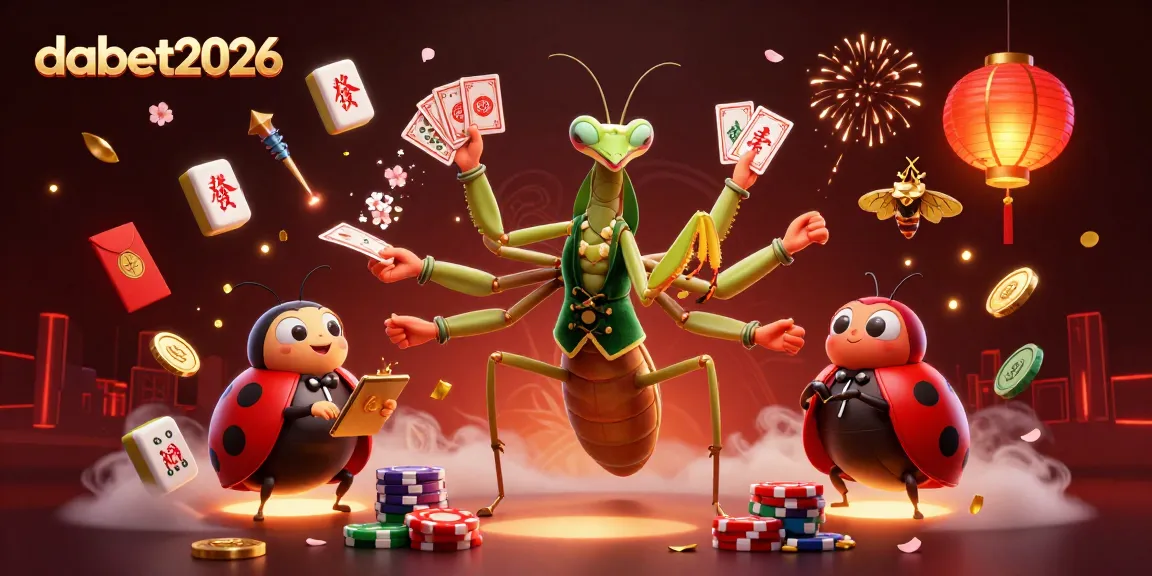 dabet2026 showcases a vibrant casino scene with a giant praying mantis dealer, ladybug pit boss, and festive decorations.