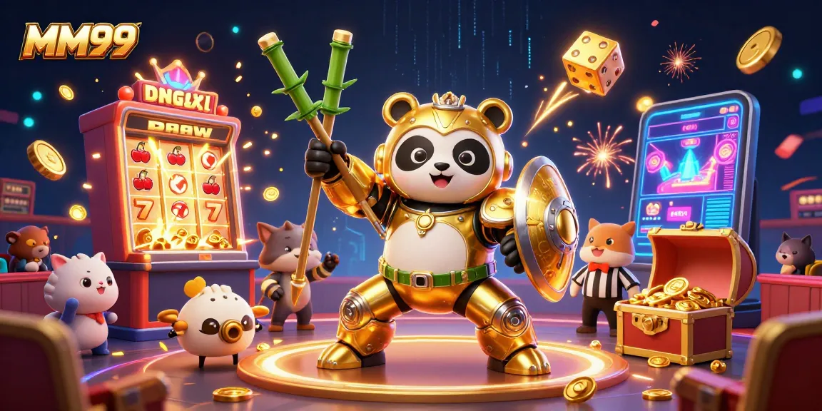 Experience thrilling MM99 gameplay with a golden panda mech fighting robot in a vibrant casino showdown.