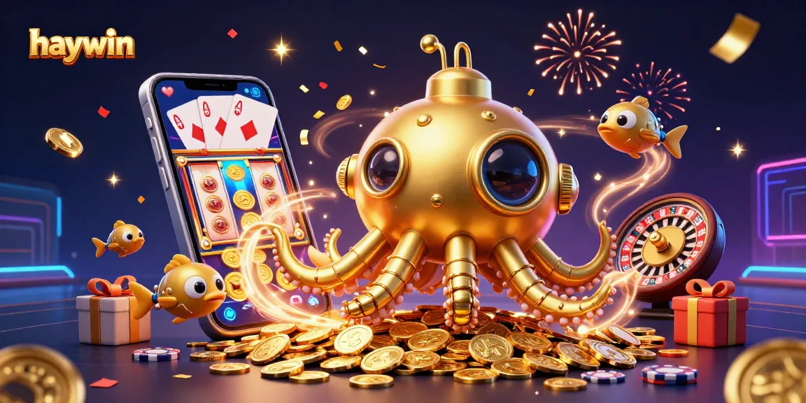 Engage in thrilling slots action with haywin's vibrant 3D scene featuring a golden submarine and exciting game elements.