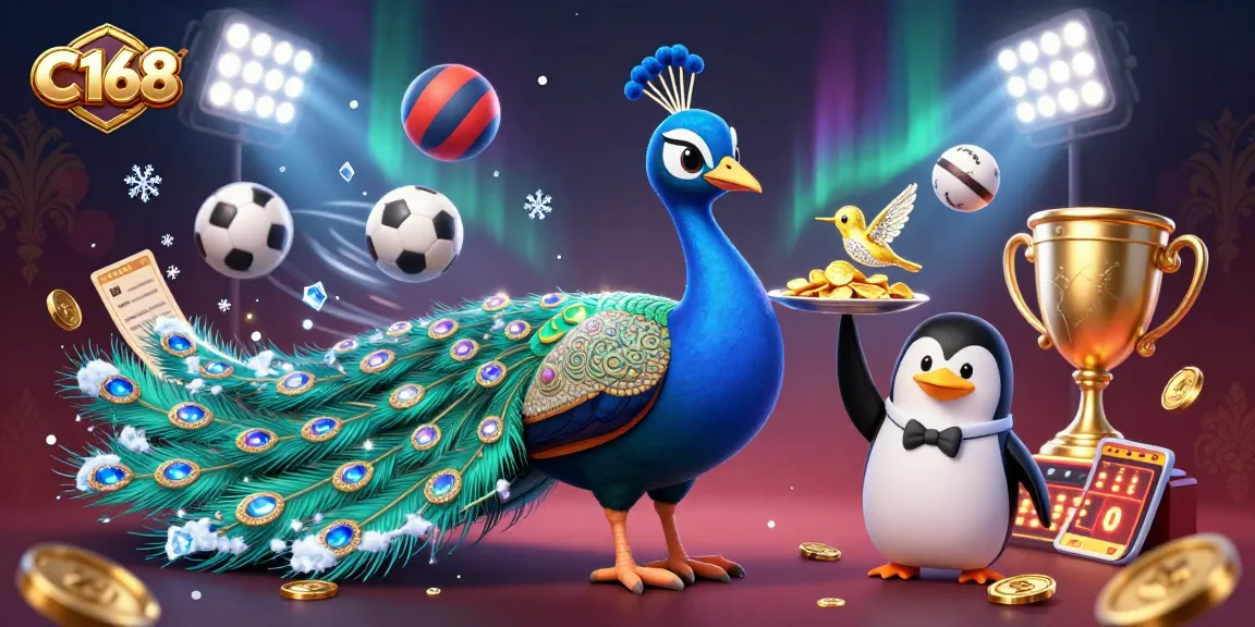 C168 players celebrating with a peacock and penguin in a vibrant casino scene, surrounded by dynamic sports elements.