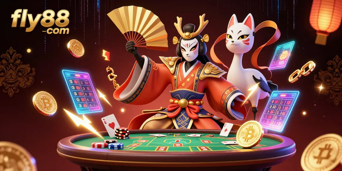 Experience thrilling gameplay at fly88 com with a kabuki warrior and casino elements in a vibrant 3D scene.