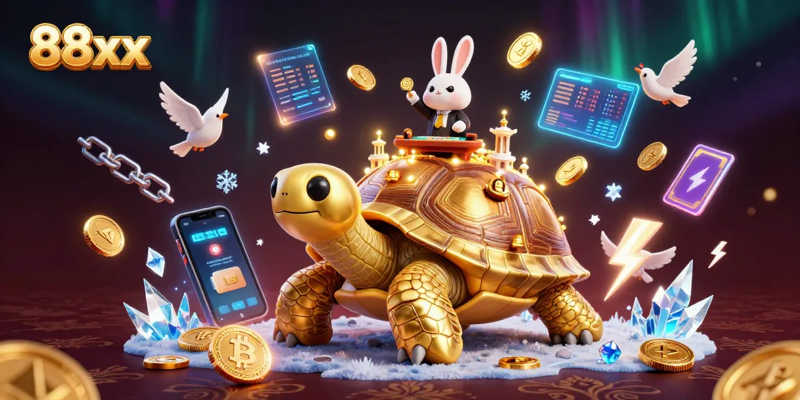 Spin to win with 88xx using a giant tortoise casino, golden coins, and crypto elements.