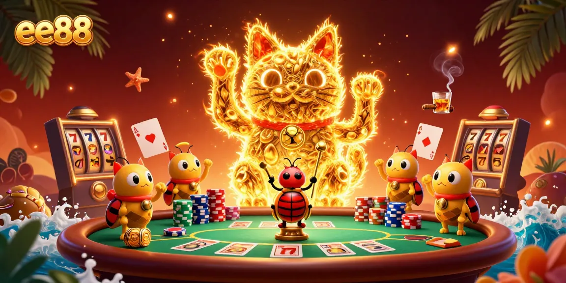 Engage with exciting poker action and casino vibes at ee88 with lucky symbols and golden fireflies.