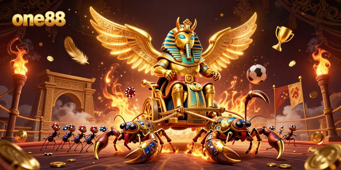 Experience thrilling sports betting with one88's vibrant illustration of a golden scarab beetle and dynamic elements.