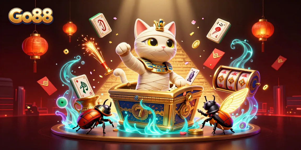 Experience thrilling Go88 action with a cartoon mummy cat and exciting casino elements.