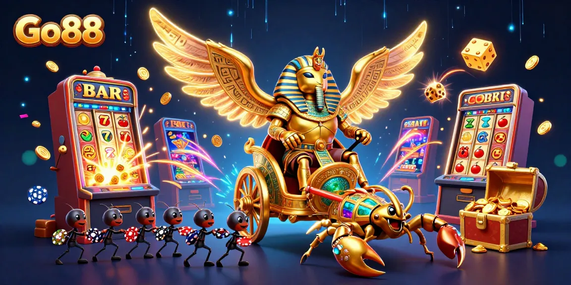 Engage with Go88’s vibrant casino world, featuring a golden scarab and jackpots in a stunning 3D scene.