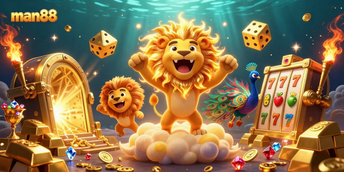 Experience thrilling wins at man88 with a vibrant casino scene featuring golden rewards and joyful characters.
