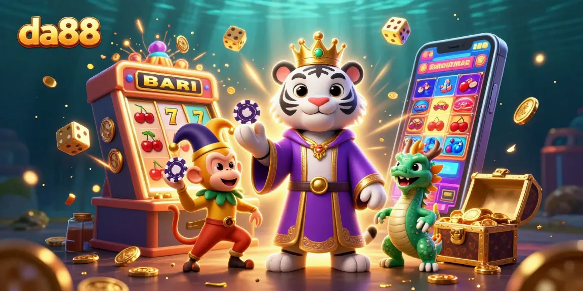 Experience the excitement of da88 with a vibrant 3D casino scene featuring a lively white tiger and dynamic slot machine.
