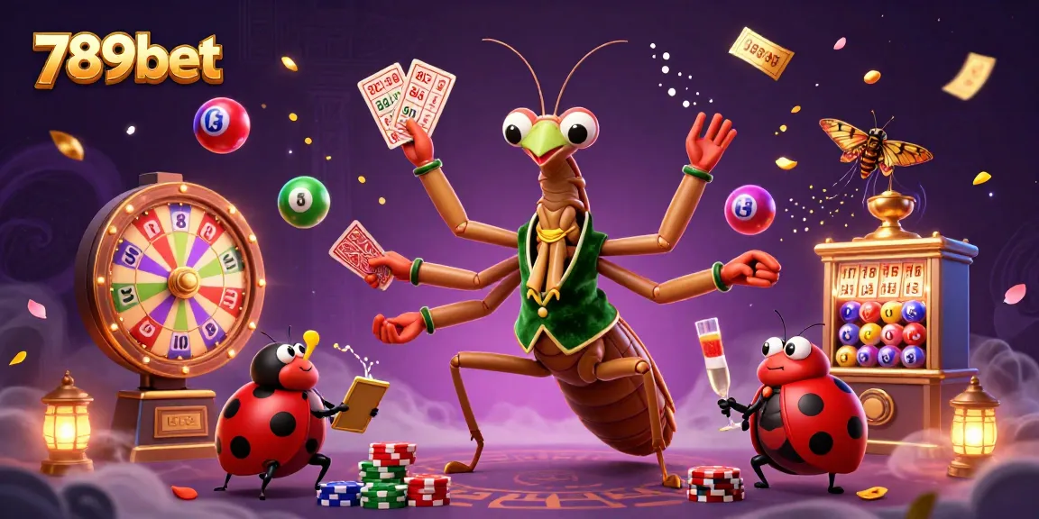 Engage with 789bet as the giant mantis dealer and ladybug pit boss control the casino in a vibrant scene.