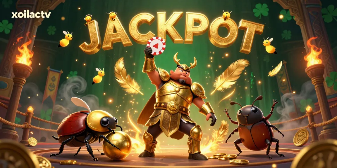 Experience excitement with xoilactv as cartoon beetles celebrate a jackpot victory in a rich casino scene.