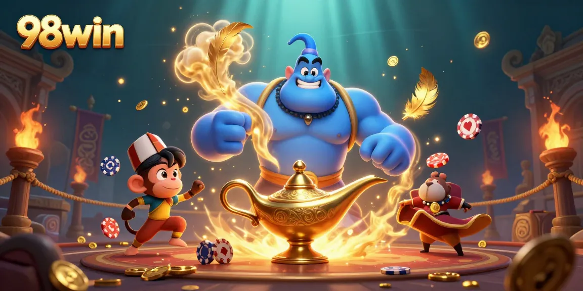 Engage with exciting gaming at 98win featuring a magical genie and poker elements in a vibrant casino scene.
