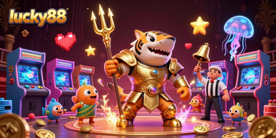 Experience the excitement of lucky88 with a tiger shark in gladiator armor amidst dynamic casino elements.
