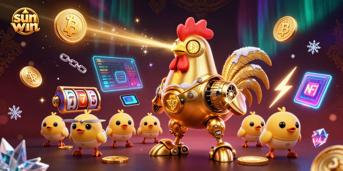 Experience the sun win magic with a golden rooster robot and crypto elements in an exciting slot scene.