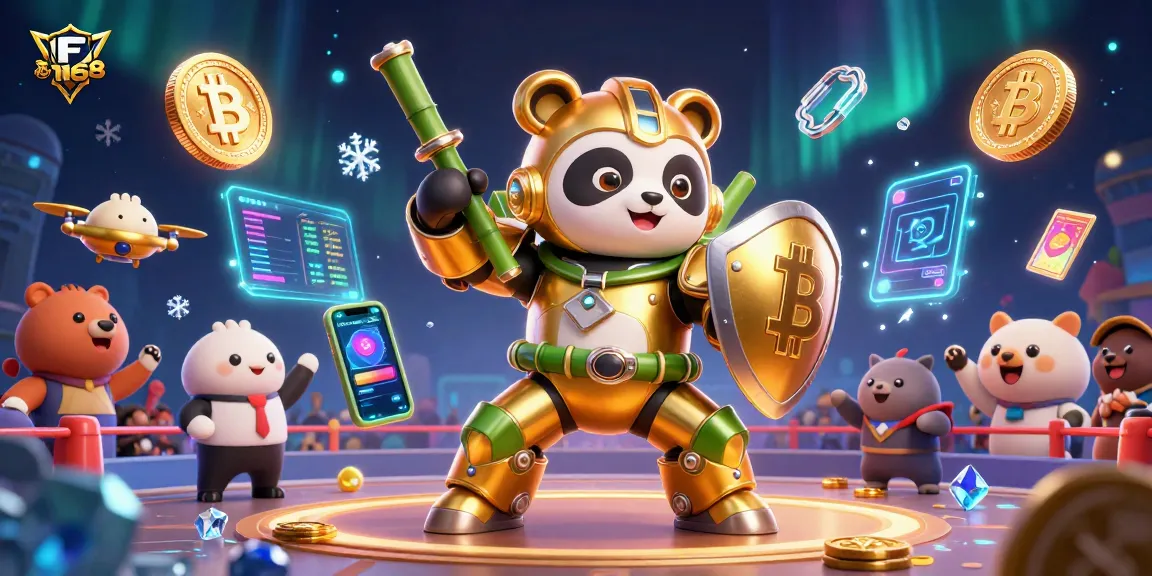 Join F 168 in a vibrant 3D casino arena, showcasing crypto elements and themed gaming excitement.