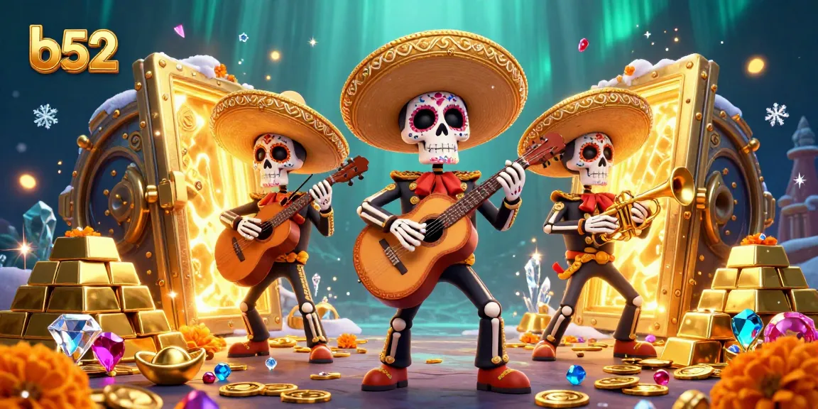 Experience vibrant b52 gaming action with mariachi skeletons in a treasure-filled casino.