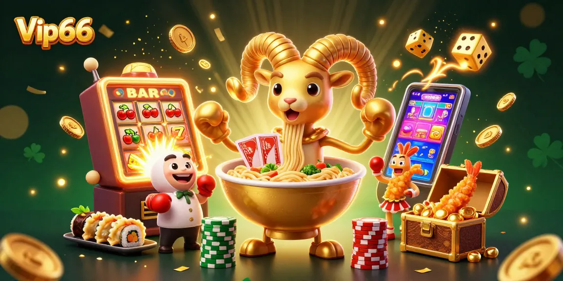 Win big at Vip66 with an ultra-fun casino scene featuring a golden ramen bowl and cheerful sushi dealers.
