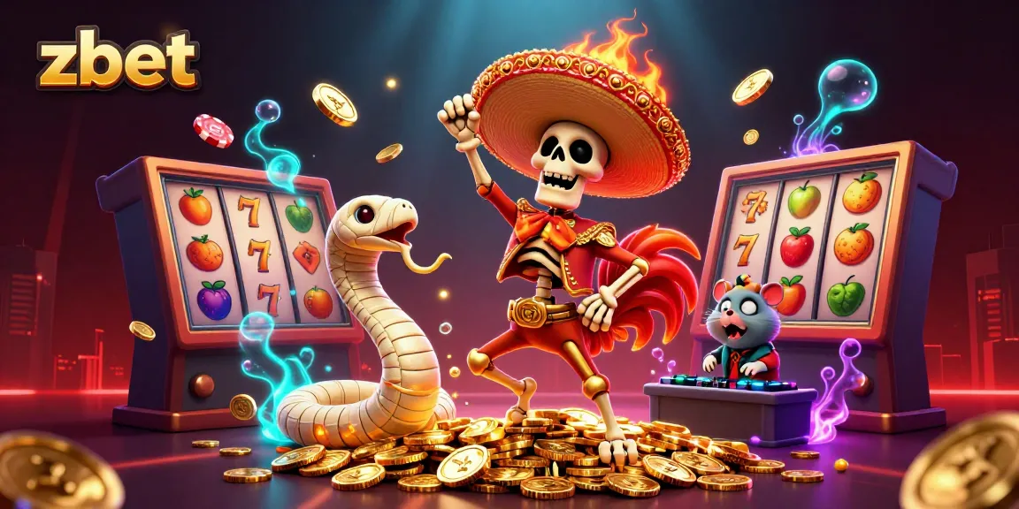 Experience big wins with zbet's vibrant casino scene featuring a lively skeleton rooster, mummy snake, and zombie hamster DJ.