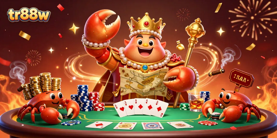 Experience thrilling challenges at tr88w with a golden crab emperor celebrating poker wins.
