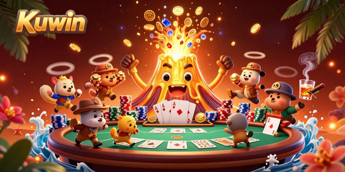Kuwin showcases a golden volcano erupting with treasures while explorer animals flee in delight, amidst a vibrant casino scene.
