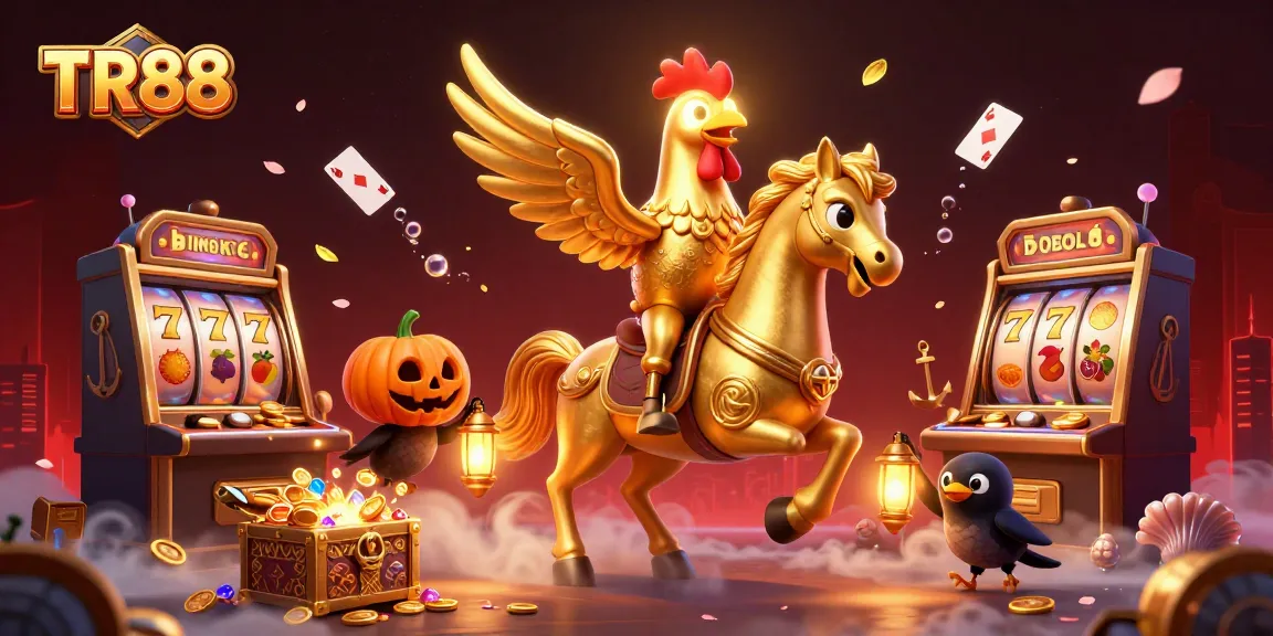 Experience the vibrant world of TR88 with dynamic gaming elements and enchanting characters in this casino-themed illustration.