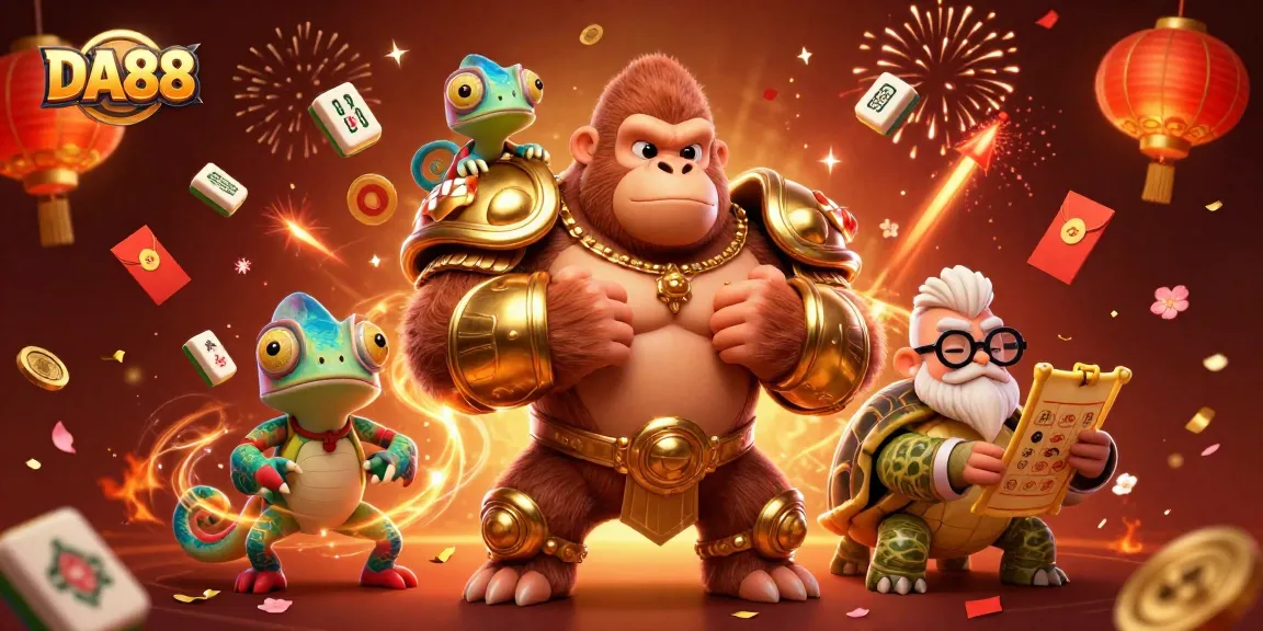 Join the fun at DA88 with a powerful gorilla and clever chameleon in this vibrant casino scene.