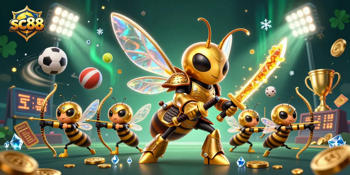 Experience exciting gaming at SC88, where a golden hornet leads a vibrant scene filled with sports betting elements.