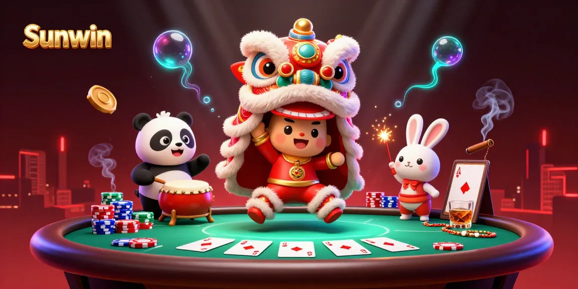 Sunwin showcases vibrant gambling action with a lion dance and poker elements in a festive casino setting.