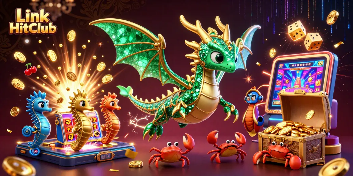 Win big with Link HitClub in this vibrant casino scene featuring a dragon and slot explosion.
