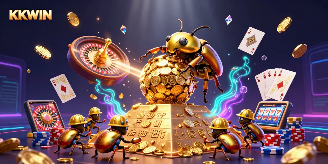 Experience KKWIN with golden beetles rolling coins amidst dynamic gambling elements in a vibrant casino scene.