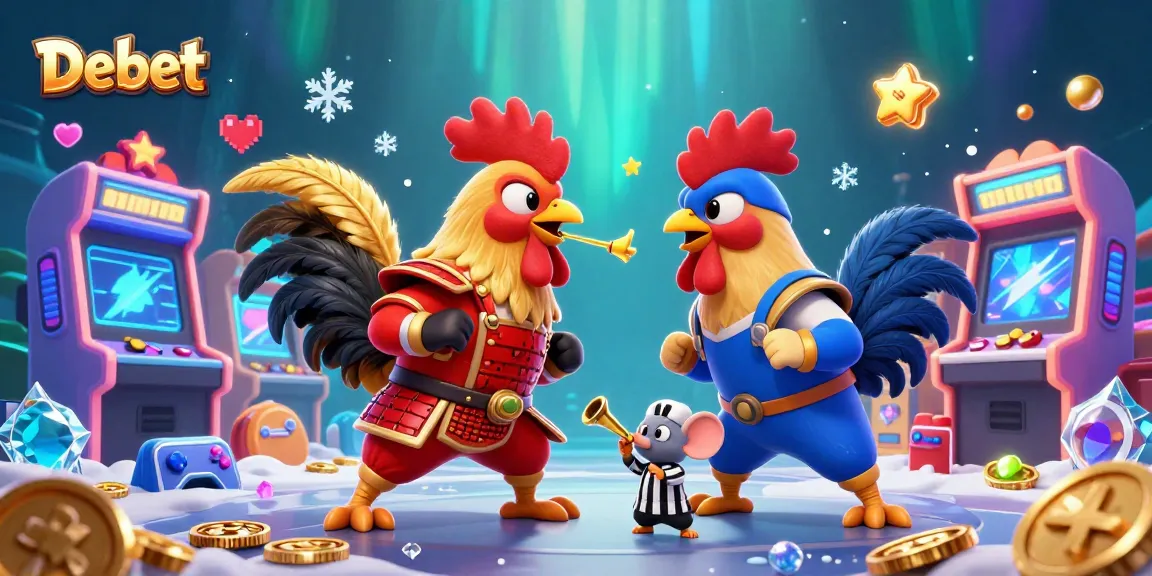 Debet showcases thrilling cartoon roosters in a dramatic gambling scene with vibrant gaming elements.